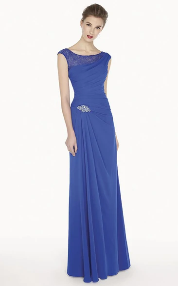 Cap Sleeve A-Line Chiffon Long Prom Dress With Crystal And Lace Neckline