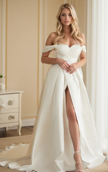 Minimalist Off-the-Shoulder A-Line Satin Wedding Dress Flowy Princess Ruched High Split Front Bridal Gown with Chapel Train