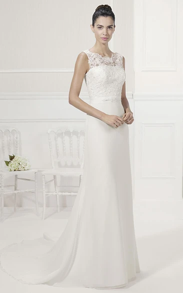 V Back Sequined Lace Top Sheath Bridal Gown With Sash