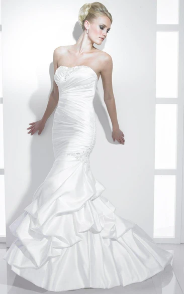 Mermaid Pick-Up Sleeveless Strapless Floor-Length Satin Wedding Dress With Beading And Ruching