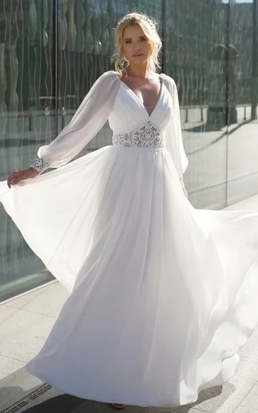 Low-V Back Lace A-Line Chiffon Wedding Dress with V-Neckline