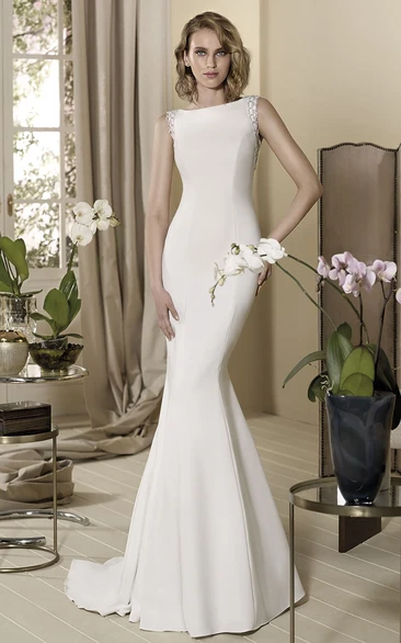Sheath Floor-Length Beaded Bateau-Neck Sleeveless Wedding Dress