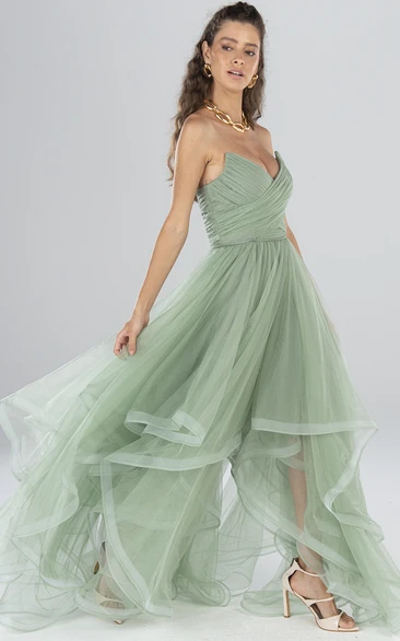 Modern Strapless A Line Floor-length Sleeveless Tulle Formal Dress with Ruching