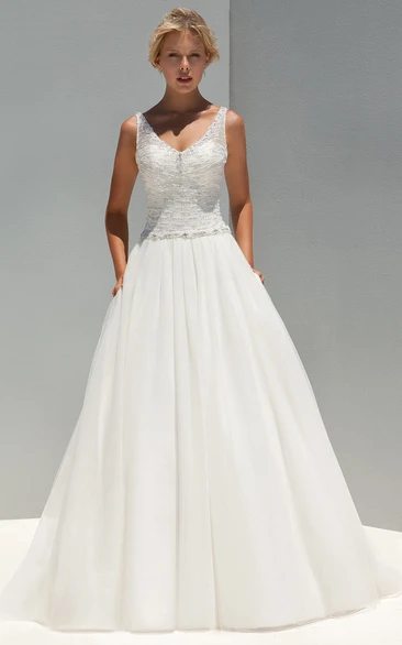 A-Line Sleeveless V-Neck Sequined Long Wedding Dress With Beading And Ruching