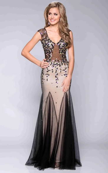 Cap Sleeve V-Neck Sequined Prom Dress Featuring Special Skirt