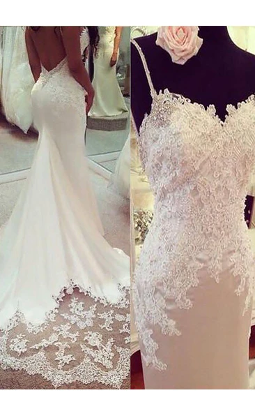 Mermaid Trumpet Spaghetti Jersey Lace Deep-V Back Wedding Gown