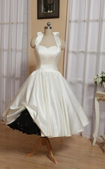 Halter Tea-Length Satin Wedding Dress With Bow And Lace-Up Back