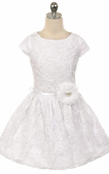 Tea-Length Pleated Tiered Tulle&Sequins Flower Girl Dress