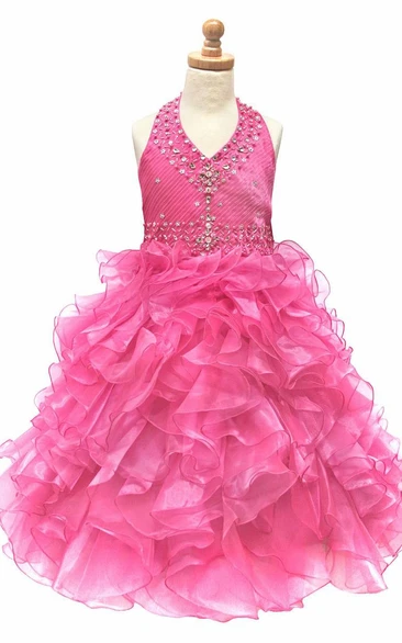 Tea-Length Ruffled Tiered Natural Beaded Sequins&Organza Flower Girl Dress With Sash