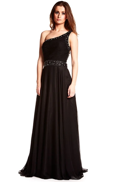 Long One-Shoulder Beaded Chiffon Prom Dress With Waist Jewellery And Straps