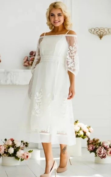 Ethereal Off-the-shoulder A Line Tulle 3/4 Length Sleeve Tea-length Wedding Dress with Appliques