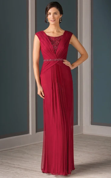 Cap-Sleeved Long Pleated Mother Of The Bride Dress With Crystal Illusion Back