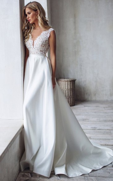A Line Sleeveless Satin Lace Simple Button Low-V Back Wedding Dress with Ruffles