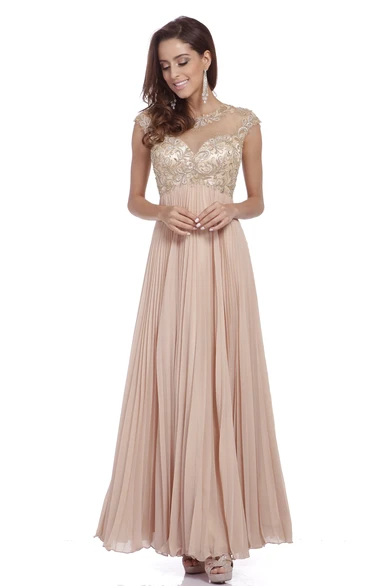 A-Line Ankle-Length Scoop-Neck Cap-Sleeve Empire Chiffon Illusion Dress With Beading And Pleats