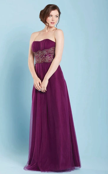 A-Line Strapless Sleeveless Floor-Length Jeweled Tulle Bridesmaid Dress With Ruching