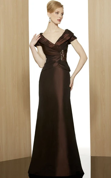 A-Line Broach Short-Sleeve V-Neck Floor-Length Satin Formal Dress With Zipper Back