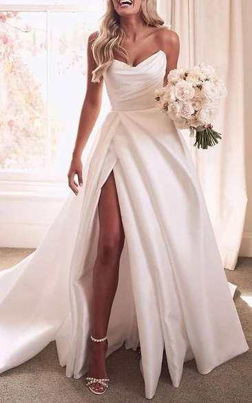 Casual Satin A-Line Wedding Strapless Ruching Split Front Open Back Garden Dress