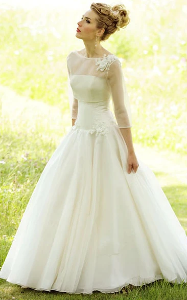 Floor-Length Scoop Long-Sleeve Floral Chiffon Wedding Dress