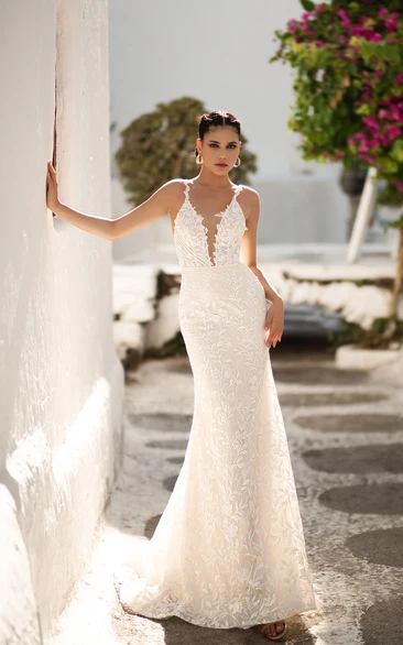 Mermaid Plunging Neckline Ethereal Lace Fairy Wedding Dress with Chapel  Train Backless - UCenter Dress