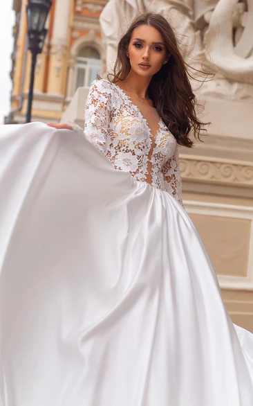 Simple Ball Gown Satin and Lace V-neck Floor-length Wedding Dress with Ruching