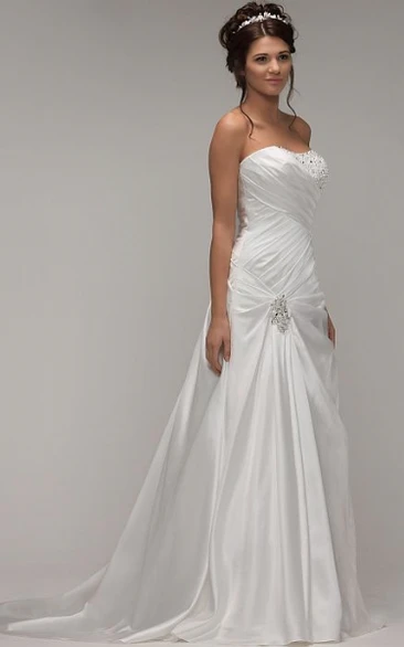 A-Line Strapless Beaded Maxi Satin Wedding Dress With Criss Cross And Broach