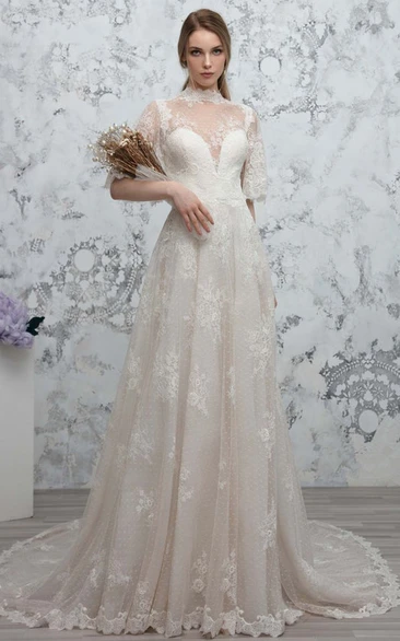 Ethereal A Line Lace High Neck Floor-Length Half Sleeve Wedding Dress With Ruching