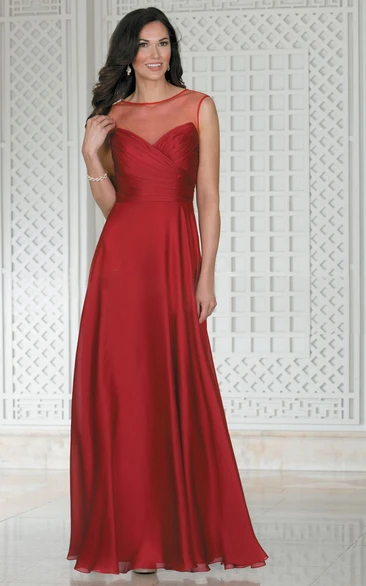 Cap-Sleeved A-Line Pleated Gown With Illusion Neckline And Keyhole Back