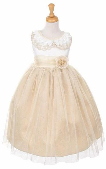 Floral Tiered Satin Flower Girl Dress With Embroidery