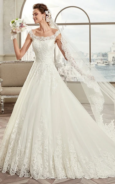 Scooped-Neck A-Line Bridal Gown With Cap Sleeves And Illusive Lace Panel