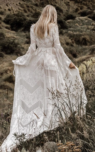 Bohemian Lace Wedding Dress V-neck Illusion Back Long Sleeves Country Casual