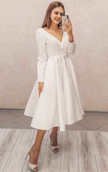 Elegant A Line Satin V-neck Tea-length Wedding Dress