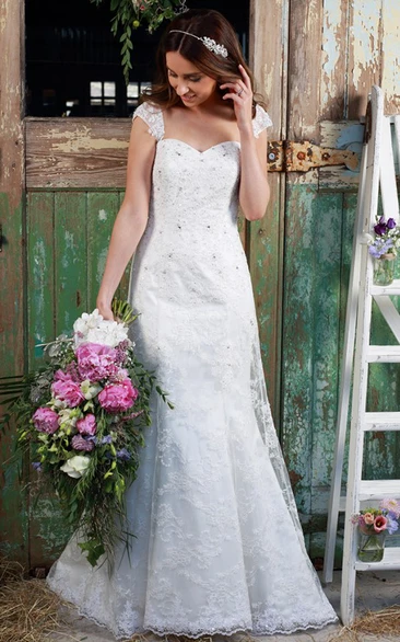 Sweetheart Cap-Sleeve Appliqued Lace Wedding Dress With Beading And Lace Up