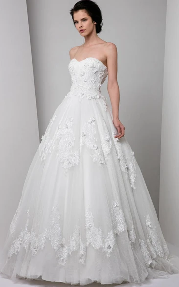 Ball Gown Strapless Floor-Length Tulle Wedding Dress With Appliques And V Back