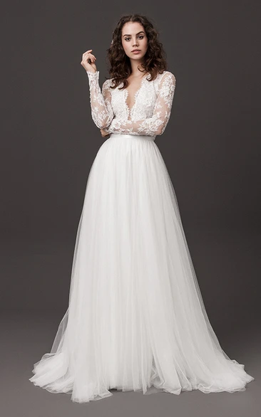 Modern Tulle Brush Train Long Sleeve A Line Plunging Neckline Wedding Dress with Sash