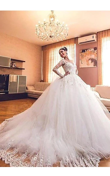 Ball Gown V-neck Lace Tulle Zipper Wedding Gown