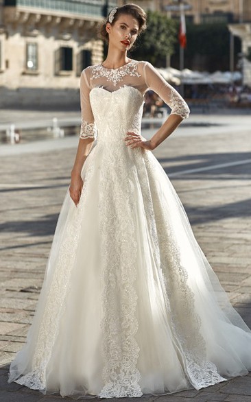 Ball Gown Long-Sleeve Appliqued Long High-Neck Lace Wedding Dress