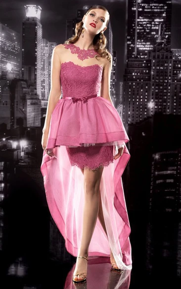 A-Line High-Low Jewel-Neck Cap-Sleeve Lace Illusion Dress