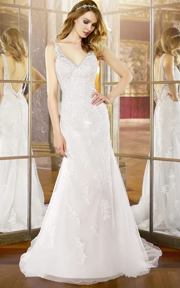 Mermaid Sleeveless V-Neck Floor-Length Appliqued Lace Wedding Dress With Court Train And Deep-V Back