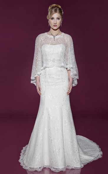 Floor-Length Scoop Cape Poet-Sleeve Lace&Satin Wedding Dress With Brush Train