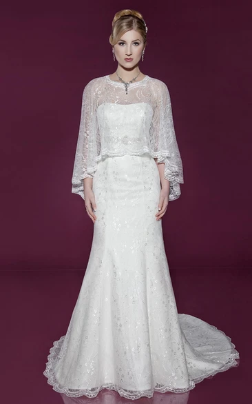 Floor-Length Scoop Cape Poet-Sleeve Lace&Satin Wedding Dress With Brush Train