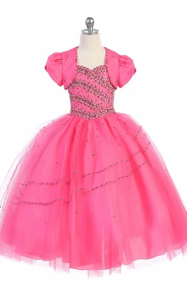 Bolero Tiered Beaded Tulle&Lace Flower Girl Dress