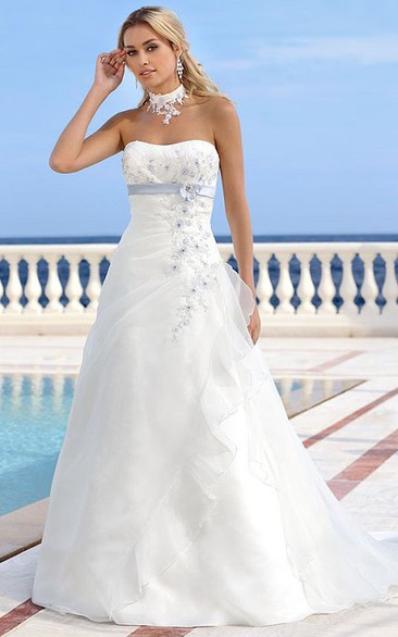 Maxi Strapless Floral Satin Wedding Dress With Ruching And Draping