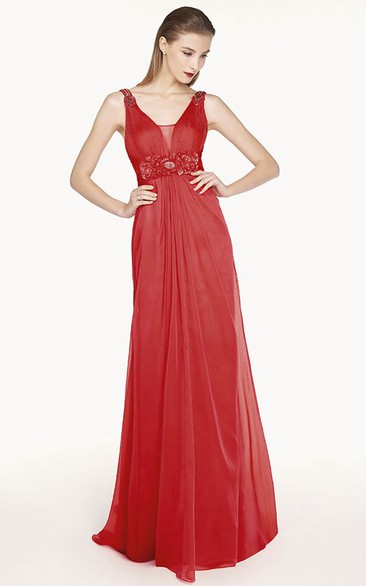 Empire Floral Waist A-Line Chiffon Long Prom Dress With V Back