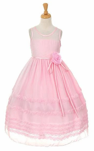 Tea-Length Embroideried Tiered Floral Flower Girl Dress With Ribbon