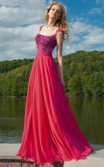 Crystal Cap-Sleeve Square-Neck Long Chiffon Prom Dress With Pleats