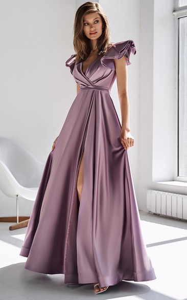 Modern A Line Satin V-neck Floor-length Prom Dress with Ruching and Split Front