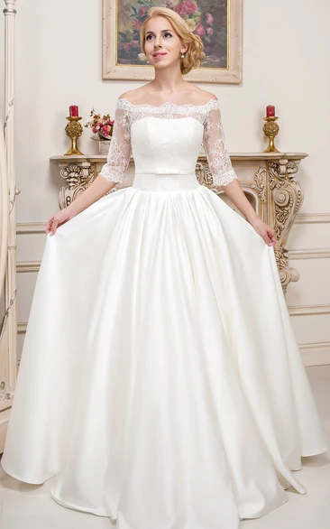 Off-The-Shoulder Floor-Length Half-Sleeve Lace Satin Wedding Dress
