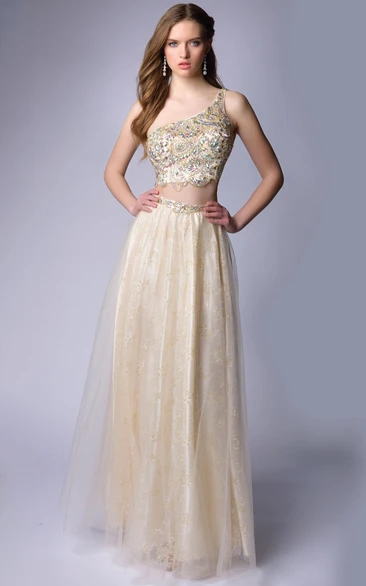 Two-Piece One-Shoulder A-Line Tulle Homecoming Dress With Corset Rhinestones