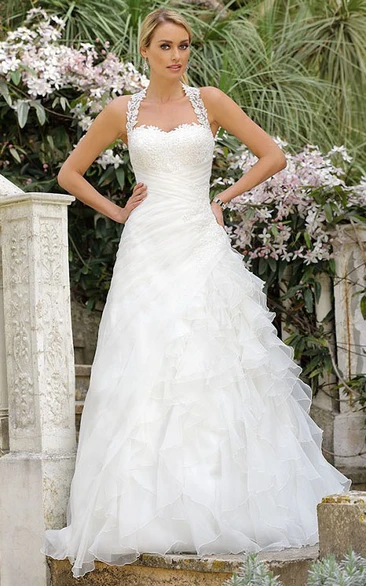 A-Line Sleeveless Appliqued Halter Organza Wedding Dress With Cascading Ruffles