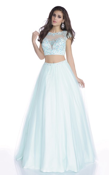 Crop Top A-Line Cap Sleeve Tulle Prom Dress Featuring Rhinestones And Lace Bodice